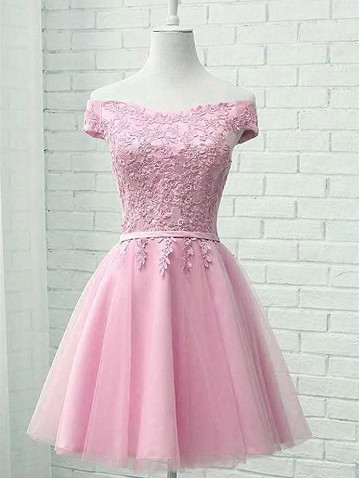 Cap Sleeves Short Pink Lace Prom ...